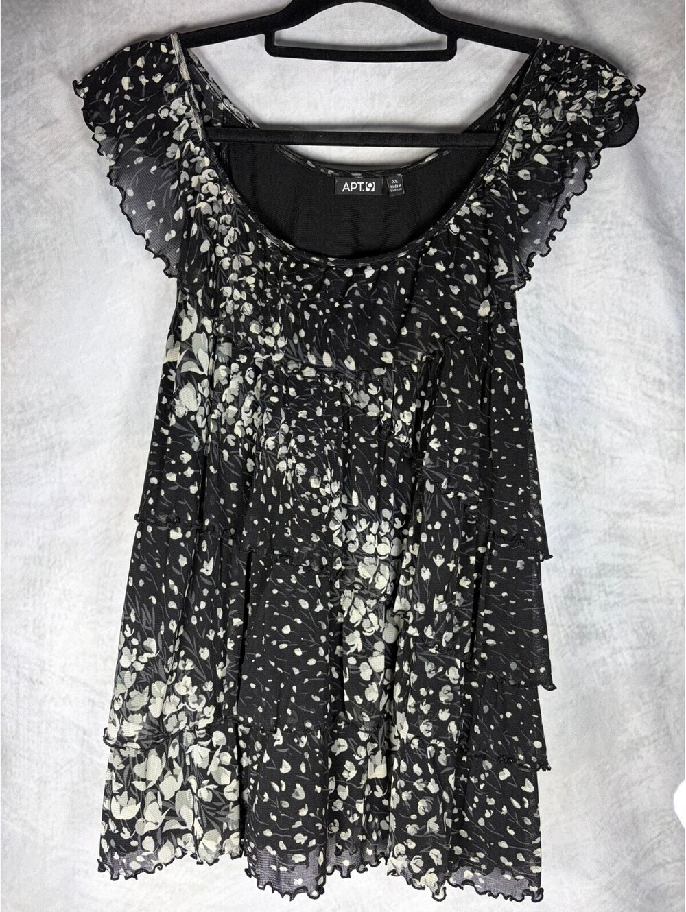 Apt. 9 Women's Black White Floral Tiered Ruffle Blouse Top XL Sheer Overlay